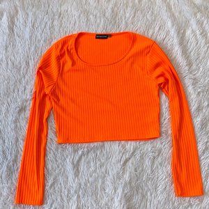 PLT Neon Orange Ribbed Long Sleeve Crop Top